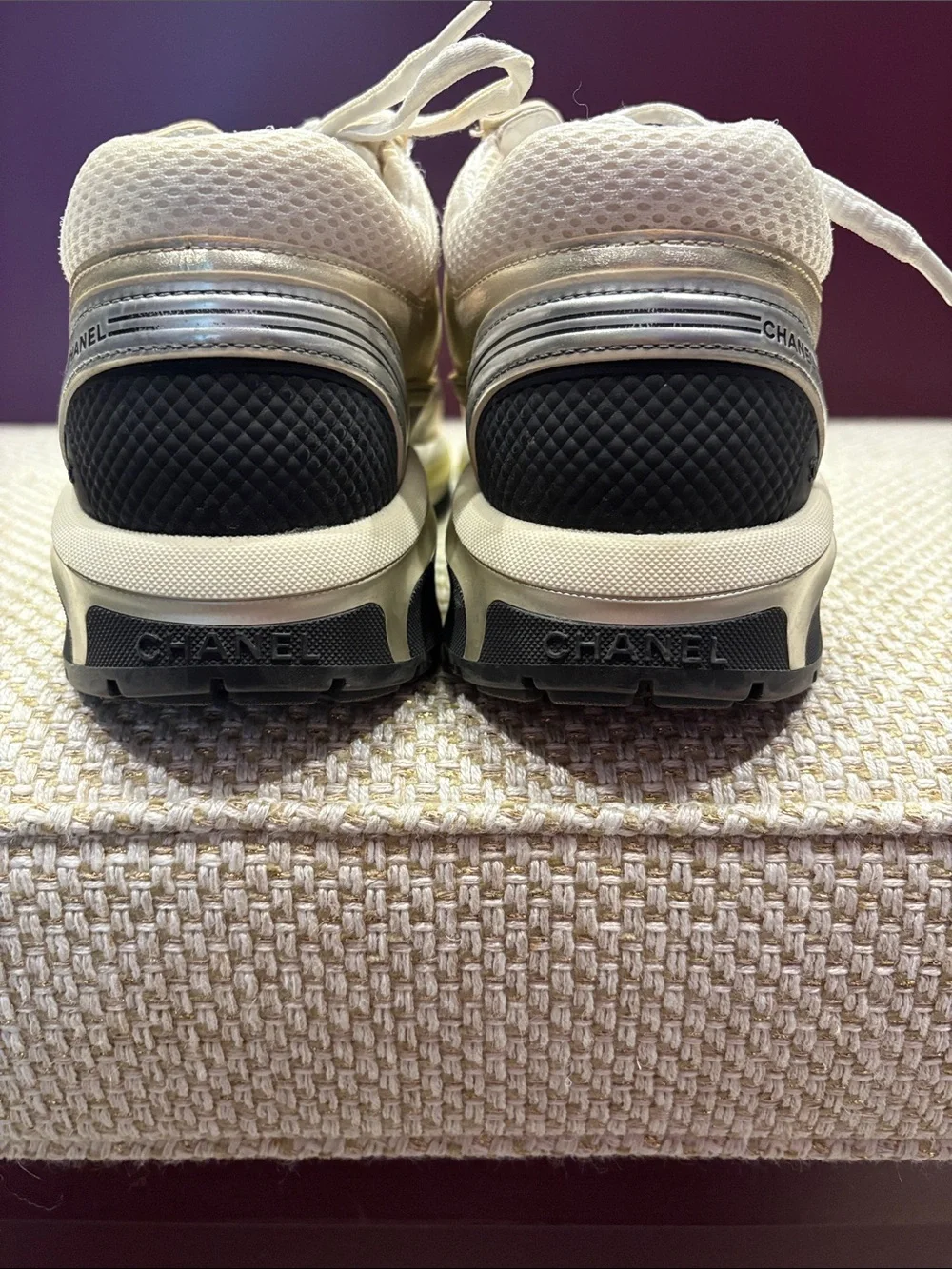 CHANEL Cream and Metallic Silver Low-Top Sneakers